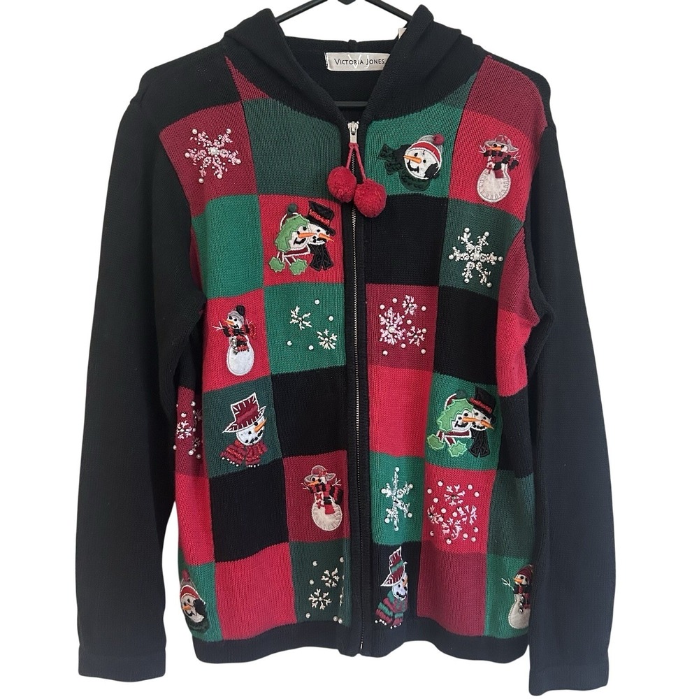 Christmas Sweater Cardigan Patchwork Beaded Sz M Full Zip Hooded Ramie Colorful